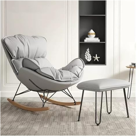 SZITW Freizeit-Sofa-Schaukelstuhl, Schaukelsessel für das Wohnzimmer mit hoher Rückenlehne und Ottomane, Schaukelstühle aus Stoff im Mid-Century-Stil mit Beinen aus Massivholz (Farbe: Grau-1)