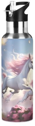 OWFKAY Bottiglia d'acqua isolata sottovuoto in acciaio inox thermos bottiglia d'acqua manico cannuccia coperchio a prova di perdite bottiglie sportive in metallo termico corsa unicorno