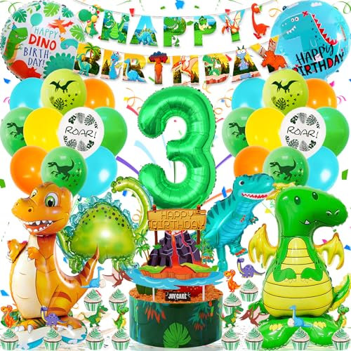 Dino Geburtstag Deko Set, Dinosaurier Geburtstagsdeko 3 jahre Junge mit 3D XXL Dino Luftballon, Happy Birthday Girlande, Dino Party Folienballon Grün Dschungel Deko für Dino Deko Kindergeburtstag