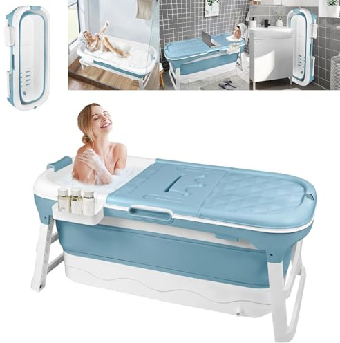 YARDIN Faltbare Badewanne für Erwachsene, 128x62x52 cm Mobile Klappbadewanne, Ideal für Kleine Badezimmer, Platzsparend und Tragbar, Inklusive Badekissen und Ablaufschlauch, Blau