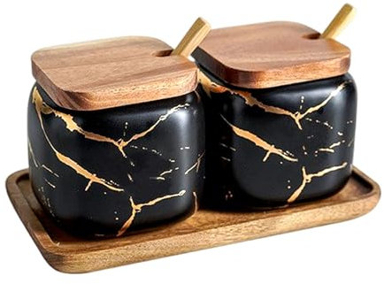 MIATTCLD Lot de 2 pots à épices en céramique avec couvercle en bambou et cuillère - 360 ml - Motif marbre - Boîte à sel pour la maison et la cuisine - Noir