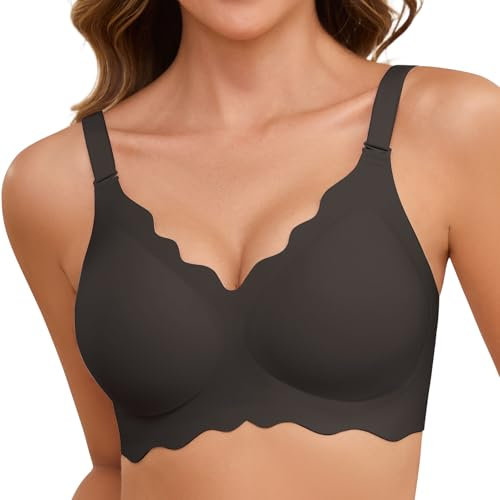 Lonya Sujetador sin Aros Mujer Push Up Sujetadores Reductores sin Costuras Cuello V Sexy Sostenes Básicos Comodos Bralette Negro Claro,XL