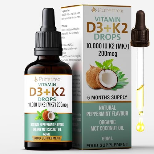 Puretrex Vitamin D3 + K2 Drops, Natural Peppermint Flavour, Organic MCT Coconut Oil, 60ml, 6 Months Supply