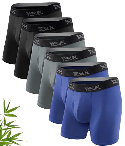 YESWEL Bamboo Boxers Mens L, Longer Leg Boxer Shorts with Fly, Anti - Chafing Underwear Trunks Multipack, No Itchy Labels Underpants Pack of 6