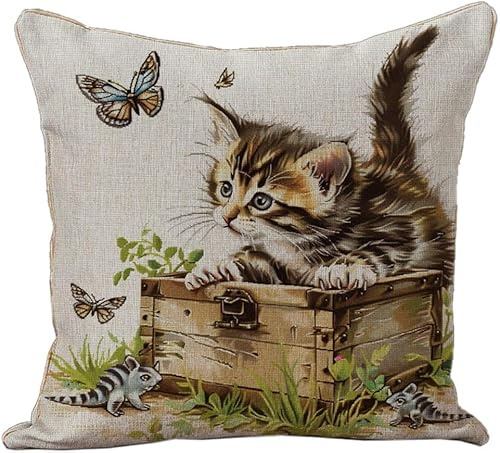 AxiangziK Kreuzstich Set Vorgedruckt,Süße Katze spielt Schmetterlinge,Gobelin Stickbilder Kreuzstich Kissen Set Stickkissen Kreuzstichkissen/Stickkissen-Set,45x45cm