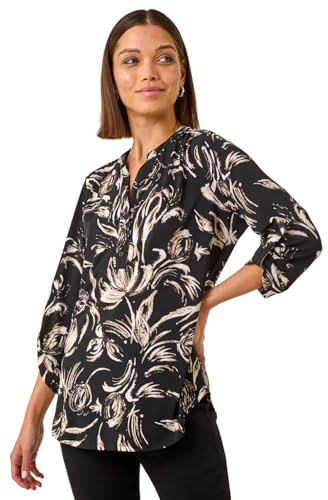 Roman Shirt for Women UK Ladies Top Collarless Blouse Stretchy Tunic Smart Casual Autumn Winter Jersey 3/4 Length Sleeve Notch V Neck Flattering Office Work - Stone - Size 14