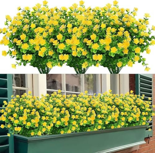 VUCDXOP 6 Bouquets Fleurs Artificielles Deco, Jaune UV Résistant Bouquet en Plastique Fleurs Buissons de Fleurs Plantes Suspendues Plantes Artificielles pour Maison Balcon Jardin Extérieur