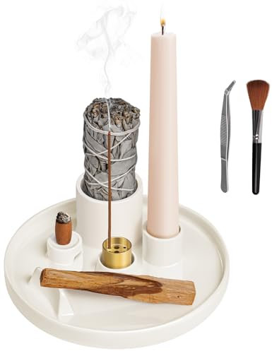 Luvan Bruciatore d’Incenso in Ceramica 5-IN-1 Multifunzionale con Vassoio per la Cenere, Porta Incenso e Candela per Bruciare Salvia, Palo Santo, Bastoncini e Coni d’Incenso, per Yoga, Meditazione,Zen