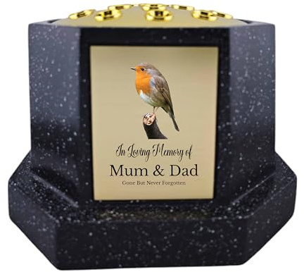 In Loving Memory Of Memorial Octagon Rose Bowl Grave Marker Flower Pot Vase With Robin Design Mum Dad & Lots More Black/Gold (UV PRINTED) (Mum & Dad)
