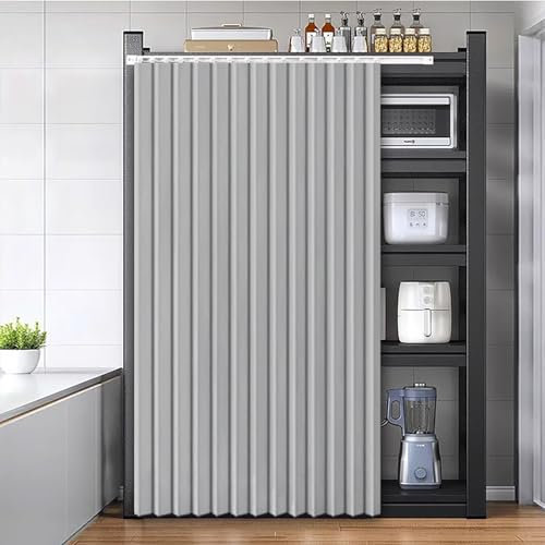 Koncey Rideau de Cuisine Anti-Poussière avec Rail Coulissant Auto-Adhésif-Cache Placard sans Perçage pour Armoire sous Évier, Meuble de Cuisine et Rangement(Gris,160 x 80 CM)
