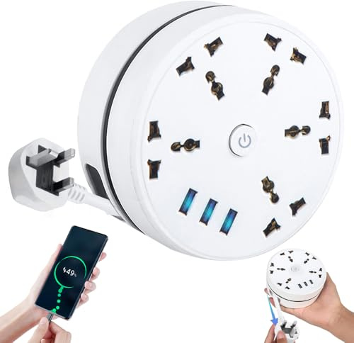 Rppiup Extension Lead with USB Slots, 2.8m Plug Extension Socket with 5-Outlet Surge, 3USB Ports, Rollable Retractable Travel Extension Lead, 2500W 10a Muti Power Strip