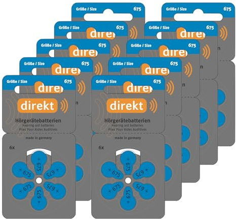 DIREKT Hörgerätebatterien Typ 675 Blau - Zink-Luft Batterien für Hörgeräte - PR44 P675 ZL1-1,45 V - Made in Germany - 60 Stück im Sparpack