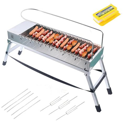 Griglia rotante automatica, griglia for barbecue elettrica da esterno, pieghevole a doppio strato, maniglia portatile con corda (borsa portaoggetti), con bastoncino/forchetta in acciaio inossidabile,