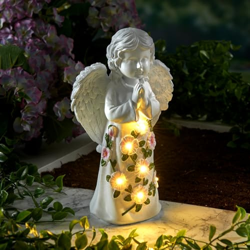 3 PAGEN® Solar Engel mit Blumen Gartenfigur, LED Schutzengel Gartendeko mit Solarleuchten Fairy Engel, Gartenfiguren für draußen – Grabdeko & Grablicht – wetterfest & langlebig – 24,5 x 13 x 8 cm