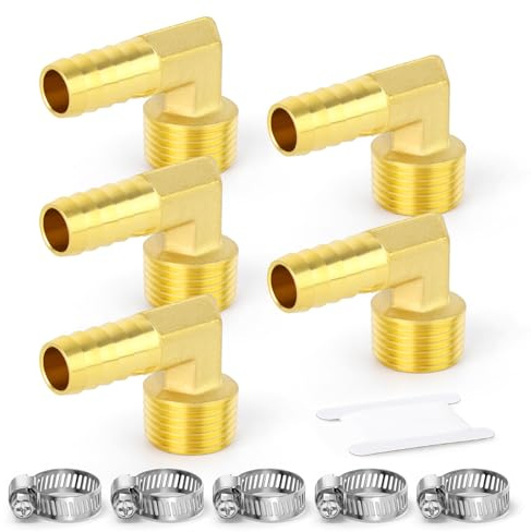 TAILONZ PNEUMATIC 5PCS Messing Schlauch Barb Reduzierstück 90 Grad Ellenbogen 1/2 BSP auf 12MM Barb Schlauch ID mit 5PCS Klemme, SPLICER Fitting Kraftstoff/Luft/Wasser/Öl/Gas/WOG