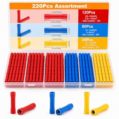 220 Stück Stoßverbinder Set, 0,5–6 mm² Kabel Quetschverbinder | Crimpverbinder Kit, Isolierte Elektrische Kabelverbinder mit Box, Kabelschuhe Set Rundsteckhülsen für Kabel Rot/Gelb/Blau
