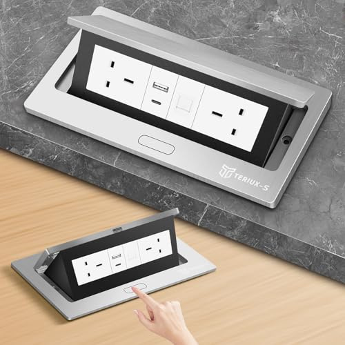 Toma de corriente empotrada de escritorio con 2 tomas de corriente del Reino Unido, 1 puerto RJ45, USB-A y tipo C, diseño desplegable oculto con cubierta de aluminio cepillado, perfecto para cocinas