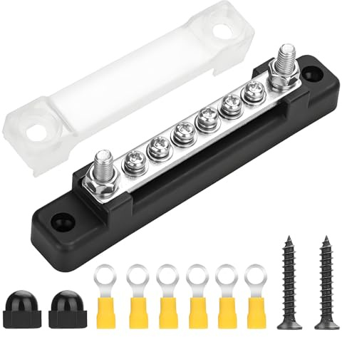 12V Bus Bar 150A Terminal Block with 2 x 1/4 (M6) 6 x M4 Studs | 48V DC Battery Terminals Power Distribution Block for 12V 24V 48V Systems, Compatible with Car RVs Marine Boat Yacht Black