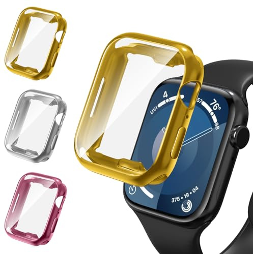 ivoler 3 Piezas Funda con Protector de Pantalla para Apple Watch 40mm SE (2025/2022 / 2020) Series 6 5 4, Protección Completa Carcasa Protectora Suave TPU Anti-Arañazos Case, Oro + Plata + Rosa