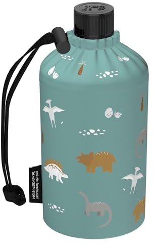 Emil Trinkflasche aus Glas für Mädchen & Jungen isolierte Glasflasche für Schule, Freizeit, Sport: Kinder & Eltern Dinos (Petrol, 0,3l)