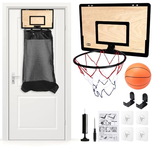 Basketballkorb Wäschekorb 2-in-1, Türhängender Mini Basketballkorb mit großem Netz-Wäschesack & Reißverschluss, Wäschekorb aus Holz inkl. Ball & Pumpe, für Kinderzimmer & Wohnheim (Naturholz)