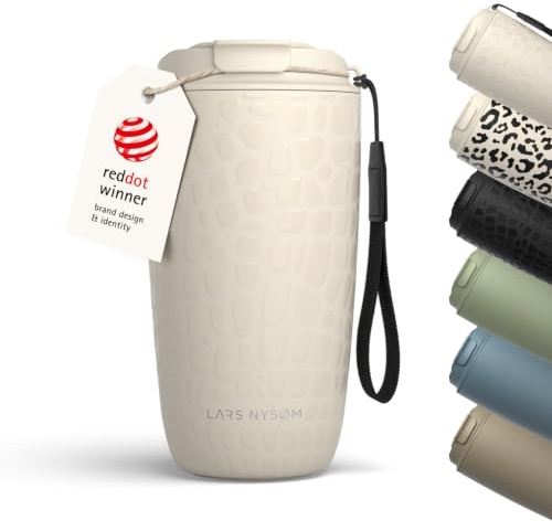 LARS NYSØM Thermo Kaffeebecher to go mit Trageschlaufe 500ml | Travel Mug 0,5 L mit Isolierung | Auslaufsicherer Edelstahl Thermobecher mit Musterdesign für Café & Tee (Beige/Crocodile/Black, 500ml)