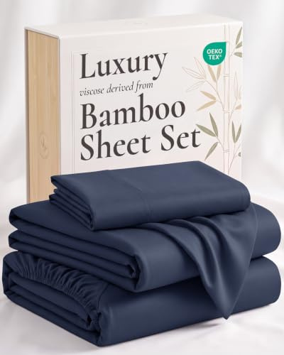 Hotel Sheets Direct 3-teiliges Bettwäsche-Set für Doppelbett, 100 % Viskose aus Bambus, kühlend und atmungsaktiv, Luxus-Bettwäsche, feuchtigkeitsableitend, seidig weiche Textur, Marineblau