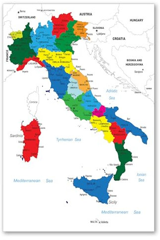 Postereck - 0939 - Politische Karte, Italien Stiefel Regionen Meer - Unterricht Klassenzimmer Schule Wandposter Fotoposter Bilder Wandbild Wandbilder - Poster - DIN A4-21,0 cm x 29,7 cm