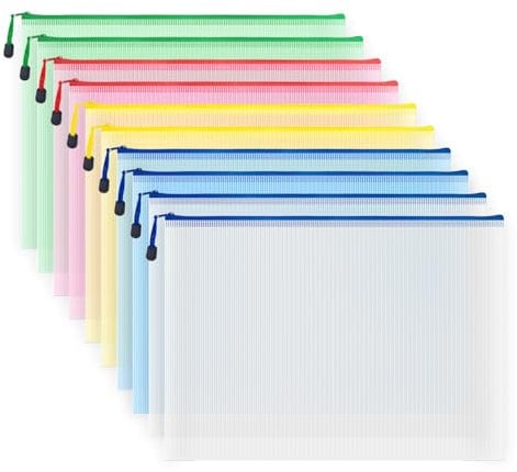 AUSTARK 10 Pcs Zipper File Bags, Waterproof Plastic Mesh Pouch for Office School, Board Game Storage Bags (A3 Size 16.9''x12'', Multicolored)
