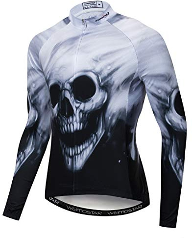 Radfahren Trikot Langarm Herren Mountainbike Trikot Zip Shirts Rennrad Bekleidung Reiten Sport Racing MTB Tops für Männer Bouse Herbst Herbst Frühling atmungsaktiv weiß Totenkopf Größe L