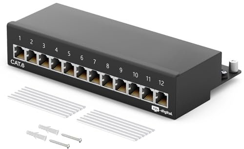 HB-DIGITAL Panneau de brassage 12 ports Cat 6 LSA - Blindé - Noir - Panneau de distribution Cat.6 (250 MHz) - Bureau (table) et montage mural - 12 prises RJ45 - TIA568A ou TIA568B - Câble de terre