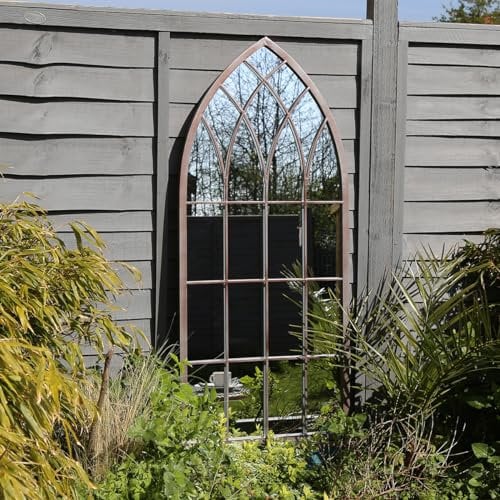 Charles Bentley Decorative, Rustic, Large, Outdoor, Arch Mirror, Window Design, Water Resistant, Wall Mounted, Shatterproof, 4mm Glass Thickness, Grey, Hanging Hook (115x50x2.5cm)