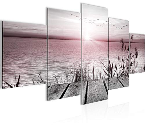 Runa Art - Bilder Brücke Am See 200 x 100 cm 5 Teilig XXL Wanddekoration Design Grau Rosa 034351b