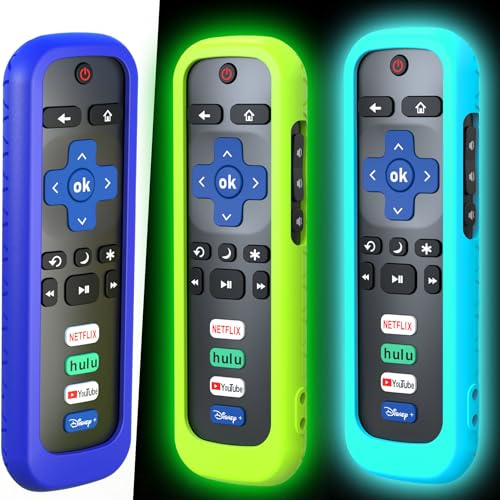 3 Stück Fernbedienungshülle für Roku, Akkuabdeckung für TCL Smart TV Steaming Stick, Silikon-Schutzhülle, Controller, universelle Hülle, leuchtet im Dunkeln, grüner Himmel und Blau