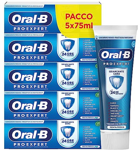 Oral-B DENTIFRICIO Pro-Expert SBIANCANTE SANO, Protezione di 24 Ore CONTRO la PLACCA BATTERICA, Clinicamente Provato, Confezione da 5 Dentifrici (5x75ml), Gusto MENTA FRESCA