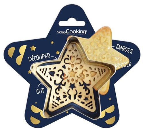 ScrapCooking - Kit de cortadora + embosador de madera estrella - Cortador de galletas de acero inoxidable para galletas en relieve - Molde para accesorios pastelería - 2090