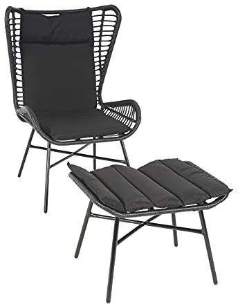 Mendler Poly-Rattan Set HWC-G17b, Balkon-Set Gartengarnitur Sitzgruppe Stuhl+Hocker Sessel, Seil - anthrazit, Kissen anthrazit