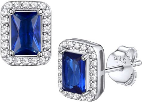 Bestyle Orecchini a Lobo Argento 925 Pietre Portafortuna Settembre Zaffiro Orecchini con Pietre Rettangolo, Stud Orecchini Donna, Confezione Regalo