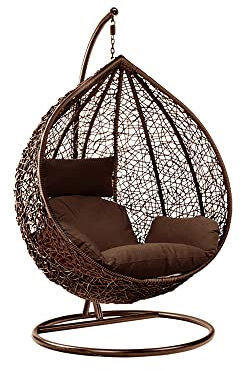 Rattan Swing Egg Chair Hanging Garden Hammock with Cushions & Stand Outdoor Indoor Furniture (Brown Egg Chair & Brown Cushion)