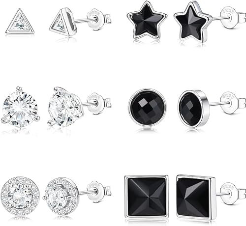 JeryWe 6pairs 3-6mm kubische Zirkonia Ohrstecker 925 Sterling Silber Post Hypoallergen Dantiy Runde Quadrat Dreieck CZ Knorpel Ohrstecker Set für Frauen Männer Schwarz Weiß