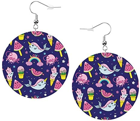 Niedliche Regenbogen-Kaktus-Eiscreme-Ohrringe, rosa und lila Süßigkeiten, runde Form, Lederohrring, leicht, baumelnder Damen- und Mädchenschmuck, perfekt für den Alltag