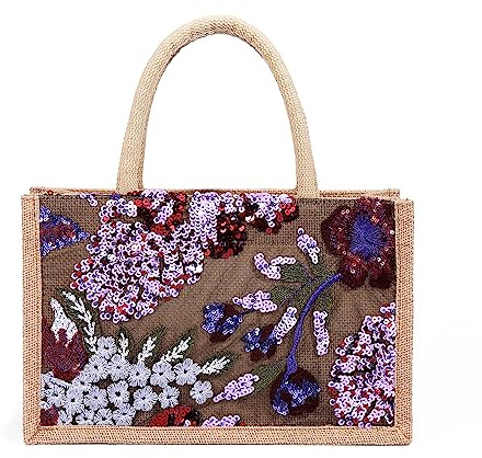 NICOLE & DORIS Jute Taschen Groß Shopper Tasche Damen Tote Leichte Einkaufstasche Faltbare Strandtasche Handtasche mit Stickerei Blume für Picknick Reisen Alltag Burgunderrot