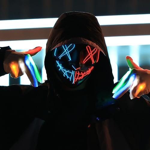 SHIYOUO Halloween LED Mask with Skeleton Gloves, Light up Scary Gloves Multiple Modes, Costumes for Adults Gifts Anonymous Festival Cosplay Costume Party Set-Blue and Red, 18*20