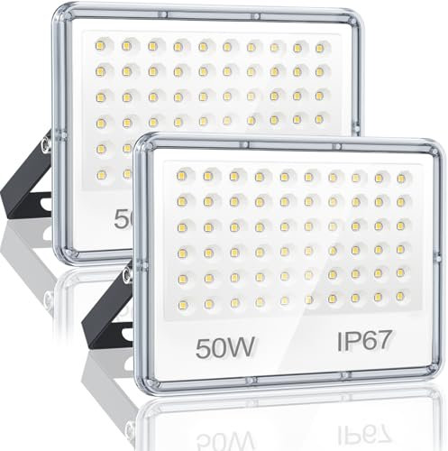 YIQIBRO Focos LED Exterior 50W 2 Piezas, 5000LM 6500K Blanco Frío Luces Exterior, 60 LEDs Potente Proyector, IP67 Impermeable Lampara LED para Jardin, Terraza, Garaje, Fábrica, Almacén