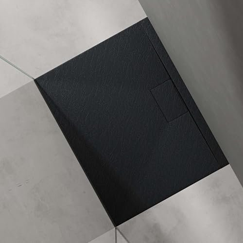 doporro Piatto Doccia Rettangolare 70x90 cm in Resina Minerale Antracito Effetto Pietra, Ultrasottile H 3 cm, Scarico Laterale con Piletta Inclusa – Geoma07