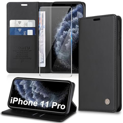 Migexxkj Handyhülle für iPhone 11 Pro Hülle [mit Schutzfolie][Premium PU Leder] Klapphülle Kartenfach Magnetic Ständer Flip Case Cover Etui Tasche Schutzhülle für iPhone 11 Pro 5.8“ (Black)