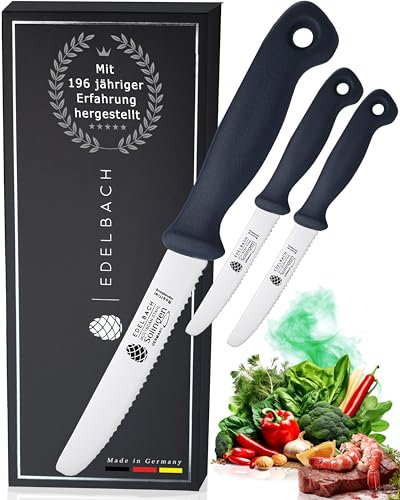 Edelbach Solingen Küchenmesser Set | 3x 'Perfect' Tafelmesser m. Wellenschliff | Ultrascharf Messerset Made in Germany | Frühstücksmesser, Gemüsemesser, Steakmesser, Brötchenmesser, Küchenmesser