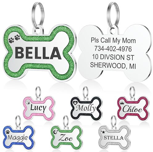 Hundemarke mit Gravur - YEHANTI Personalisierte Anhänger für kleine bis mittelgroße Hunde in Glitzerknochen - Edelstahl Hundemarke Personalisiert mit Name, Telefonnummer und Adresse (Grün, Große)