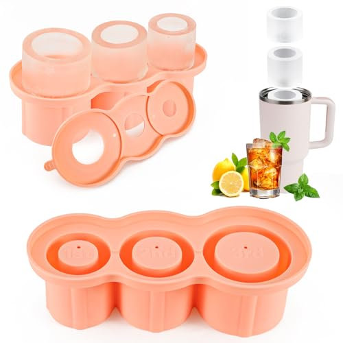 Ice Cubes Tray, Cup Silicone Ice Cubes Tray Set with Lid and 3 Hollow Cylinder Freezer Tools Maker for Home-Making Ice Grids for Stanley Cup Cooling 20/30/40oz Drinks Coffee BPA Free (Pink)