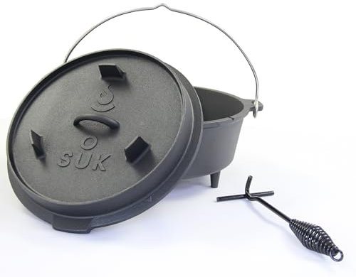 SOUK ONE Juego de horno holandés [9 L] – Olla de hierro fundido con patas de hierro fundido con práctico elevador de tapa y posavasos de acero inoxidable (9 litros)